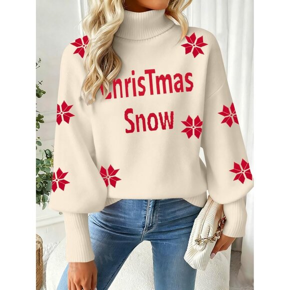 Oversized Christmas Apricot Sweater Women 2025 Merry Turtleneck Batwing Sleeve - Picture 6 of 7